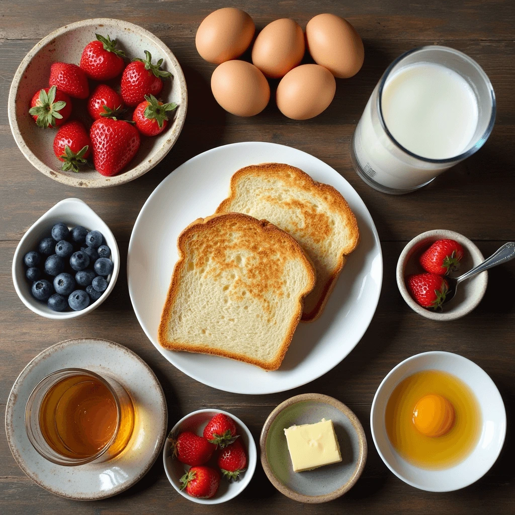 A flat-lay photo of key ingredients for making sourdough French toast, including fresh strawberries, blueberries, eggs, milk, sliced sourdough bread, a bowl of honey, butter, and a cracked egg in a dish. The arrangement highlights a wholesome and delicious breakfast preparation.