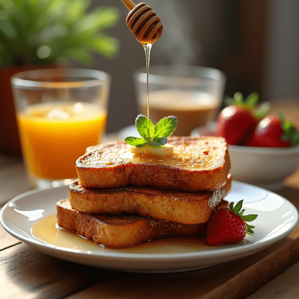 A stack of freshly made sourdough French toast topped with a pat of butter, a sprig of mint, and a drizzle of honey from a wooden dipper, served on a white plate with fresh strawberries, orange juice, and coffee in the background on a sunny morning