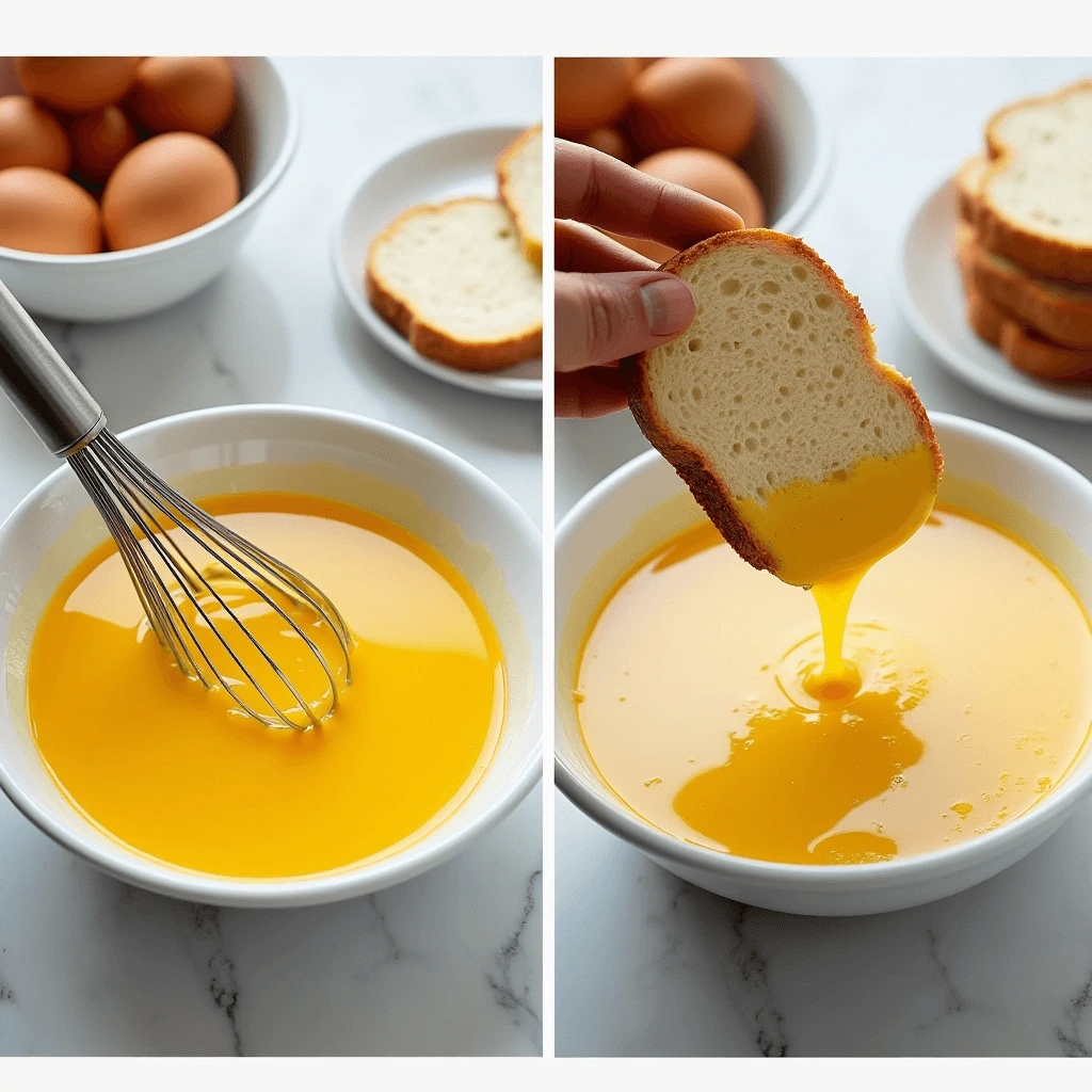 A two-panel image showing the preparation of sourdough French toast. The left panel displays a whisk resting in a bowl of beaten eggs, and the right panel shows a hand dipping a slice of sourdough bread into the egg mixture. Fresh eggs and slices of bread are visible in the background, emphasizing the cooking process