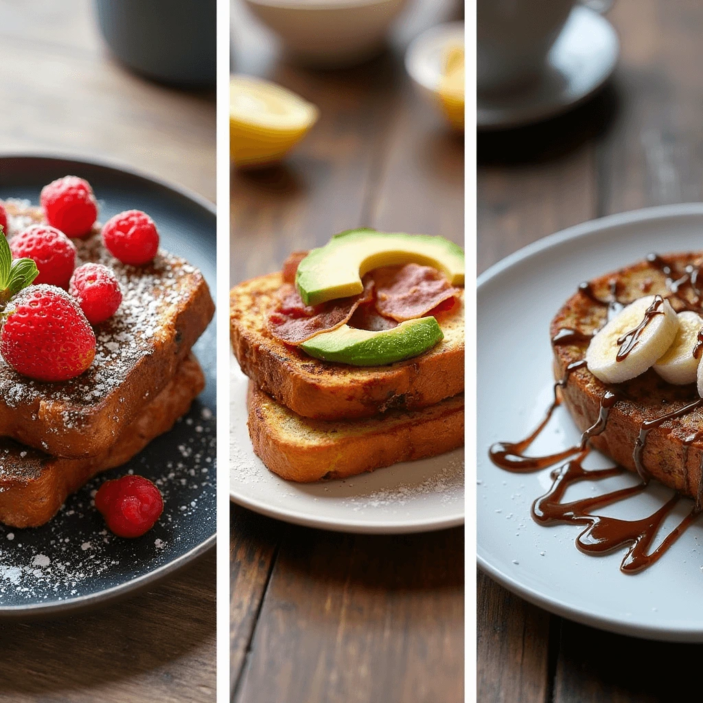 A three-panel image showcasing creative variations of sourdough French toast. The first panel features French toast topped with fresh raspberries, strawberries, and powdered sugar. The second panel shows a savory option with slices of avocado and crispy bacon. The third panel highlights a sweet treat with banana slices, chocolate drizzle, and syrup. Perfect for breakfast or brunch inspiration.