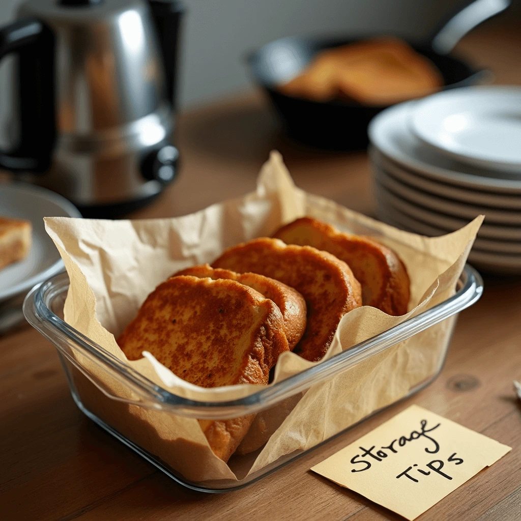 Golden-brown slices of sourdough French toast neatly arranged in a glass storage container lined with parchment paper, placed on a wooden table near a handwritten note labeled 'Storage Tips' and kitchenware in the background