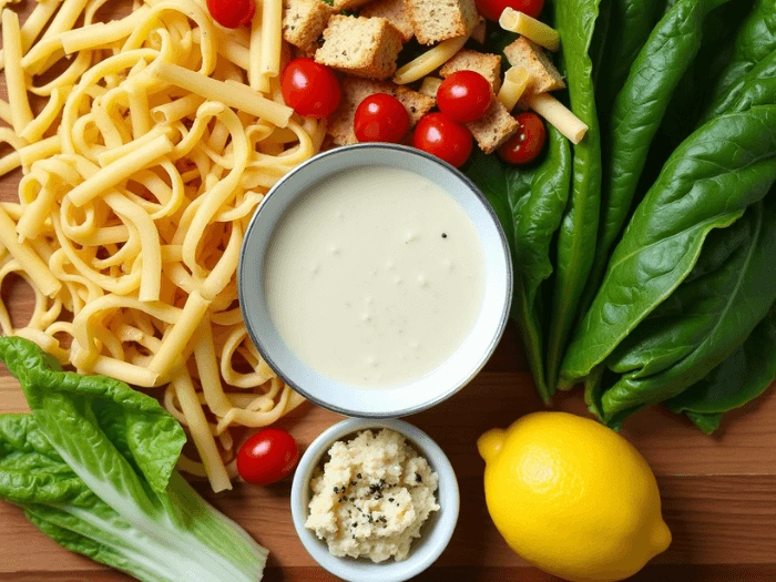 Ingredients for Caesar Pasta Salad arranged on a wooden surface, including cooked pasta, fresh spinach, romaine lettuce, cherry tomatoes, shredded cheese, croutons, Caesar dressing, grated Parmesan cheese, and a whole lemon