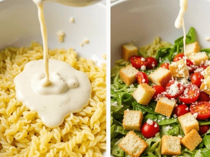 Step-by-step instructions for Caesar Pasta Salad: The first image shows creamy Caesar dressing being poured over cooked pasta, and the second image shows Caesar dressing being drizzled over a mixture of fresh lettuce, cherry tomatoes, croutons, and Parmesan cheese.