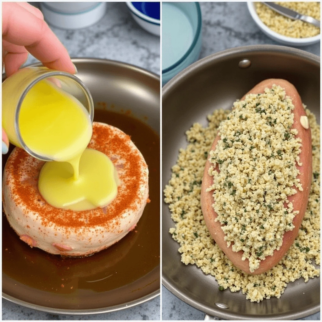 Step-by-step instructions for making Shake and Bake Pork Chops, showcasing coating the pork chops with breadcrumbs, baking them to golden perfection, and serving with sides.