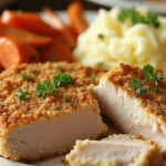 Golden, crispy Shake and Bake Pork Chops served on a white plate with creamy mashed potatoes, roasted vegetables, and garnished with fresh parsley