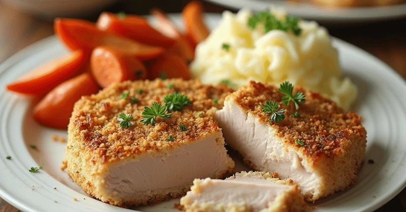 Golden, crispy Shake and Bake Pork Chops served on a white plate with creamy mashed potatoes, roasted vegetables, and garnished with fresh parsley