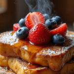 Delicious stack of golden-brown sourdough French toast topped with fresh berries—strawberries, raspberries, and blueberries—drizzled with maple syrup and dusted with powdered sugar, styled on a plate in warm natural lighting with a cozy coffee cup in the background. Perfect breakfast recipe for brunch lovers