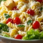 A bowl of Caesar Pasta Salad with creamy dressing, bowtie pasta, grilled chicken, fresh romaine lettuce, parmesan cheese, and croutons, garnished with parsley