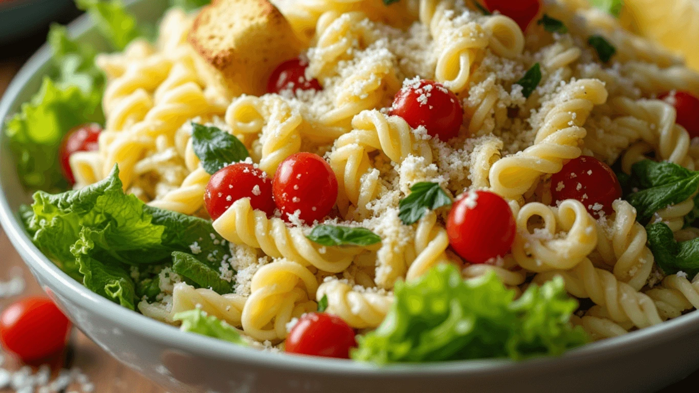 A bowl of Caesar Pasta Salad with creamy dressing, bowtie pasta, grilled chicken, fresh romaine lettuce, parmesan cheese, and croutons, garnished with parsley