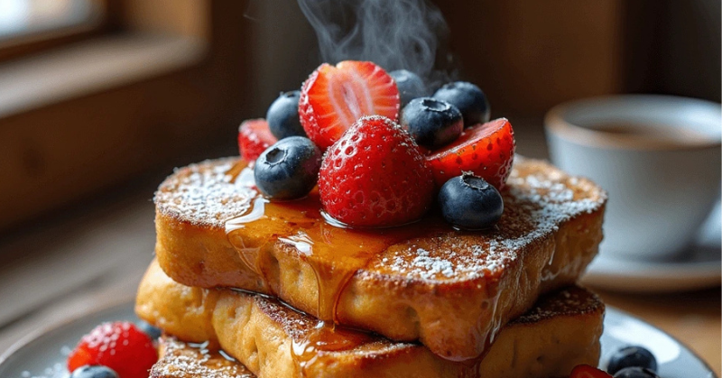 Delicious stack of golden-brown sourdough French toast topped with fresh berries—strawberries, raspberries, and blueberries—drizzled with maple syrup and dusted with powdered sugar, styled on a plate in warm natural lighting with a cozy coffee cup in the background. Perfect breakfast recipe for brunch lovers