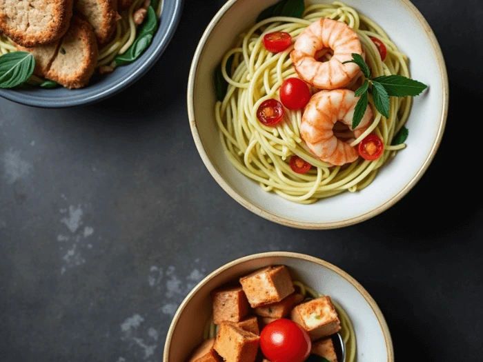 Three variations of Caesar pasta salad showcasing diverse customizations: one bowl with spaghetti, cherry tomatoes, shrimp, and fresh herbs; another featuring tofu cubes, cherry tomatoes, and leafy greens for a vegetarian option; and a third with crispy croutons and basil leaves, emphasizing classic Caesar-inspired flavors