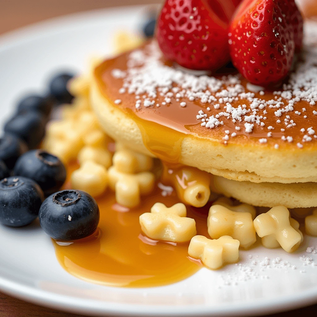 Scrambled pancakes served with a variety of toppings: fresh berries, whipped cream, and a drizzle of maple syrup