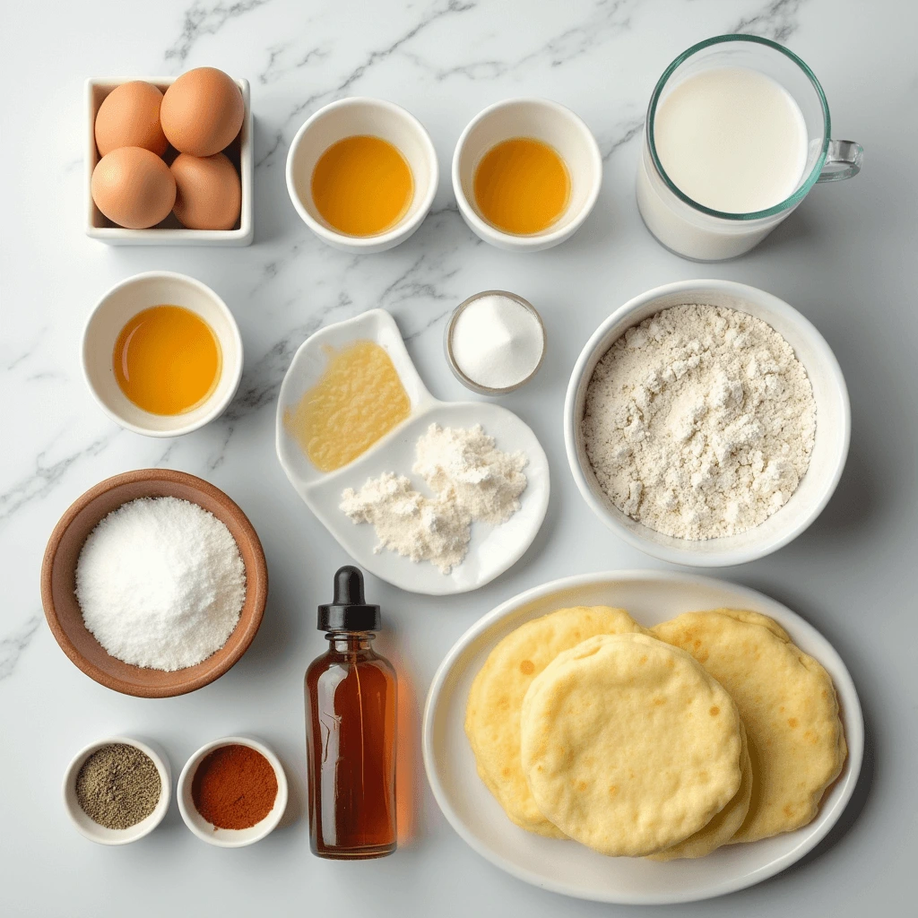 Overhead view of fresh scrambled pancake ingredients, including flour, eggs, milk, sugar, and butter, neatly arranged on a countertop, ready for preparation.