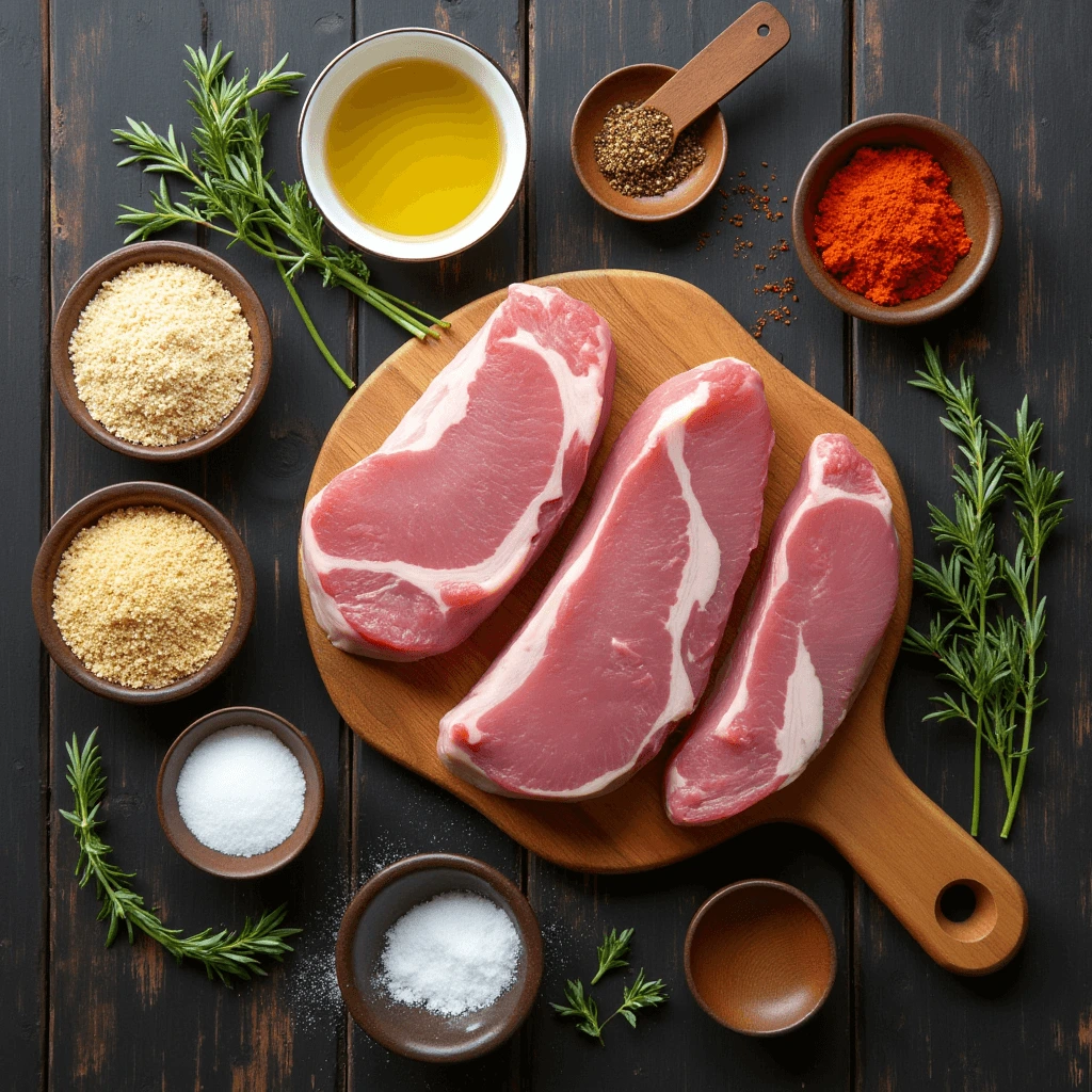 Ingredients for Shake and Bake Pork Chops neatly arranged on a wooden cutting board, including raw pork chops, breadcrumbs, paprika, fresh thyme, olive oil, salt, and pepper.