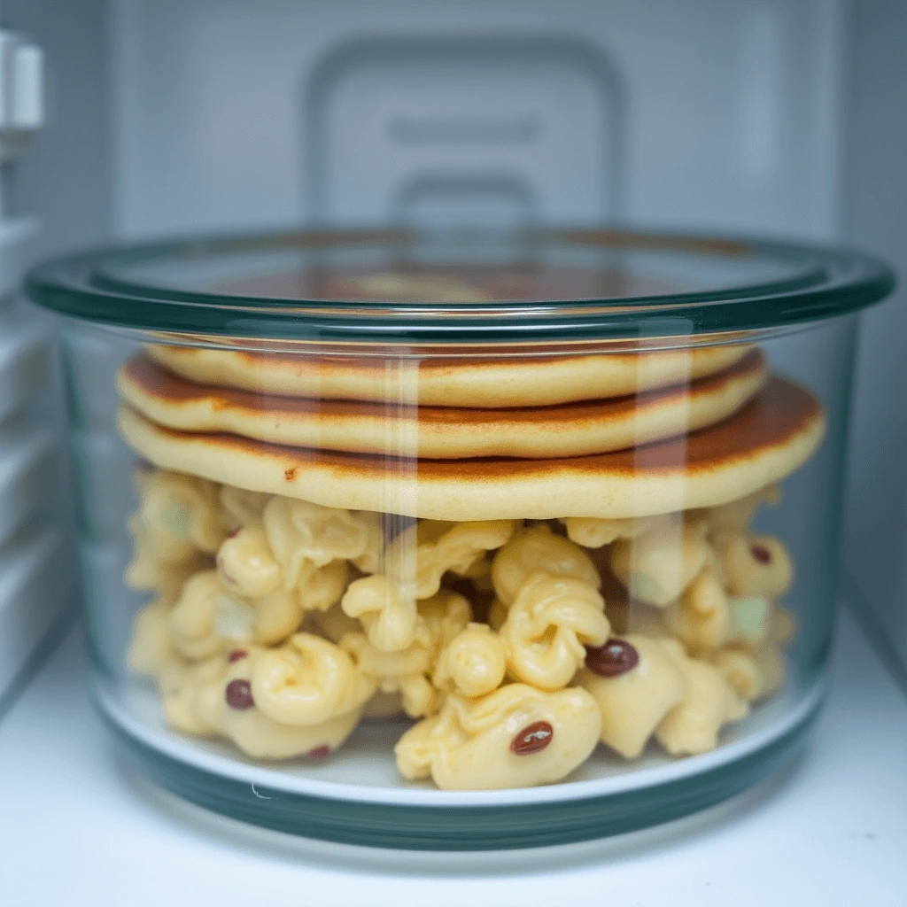 Overhead view of scrambled pancakes stored in an airtight container, with reheating instructions nearby, showcasing proper storage and freshness preservation