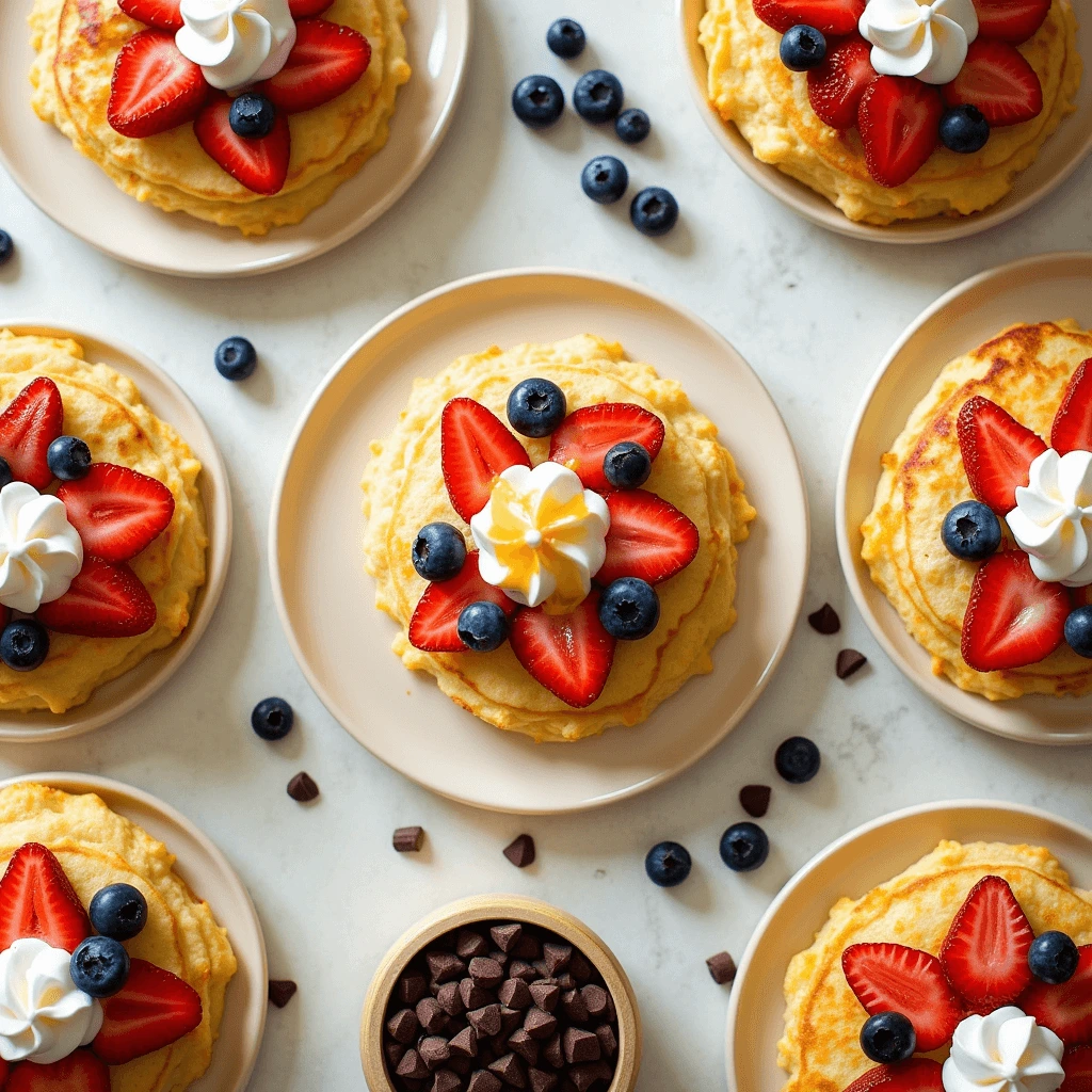 Top view of scrambled pancakes topped with various creative ingredients like fresh berries, whipped cream, chocolate chips, and syrup, showcasing delicious customization ideas